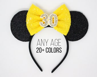 30th Birthday Mouse Ears | 30th Birthday Mouse Ears | 30th Birthday Headband Ears | Sparkly Mouse Ears | Choose Age + Bow