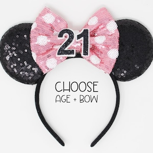 21st Birthday Mouse Ears Headband | Finally 21 | Black Sequin Ears + Choose Bow + Back Sequin Birthday Number | Any Age