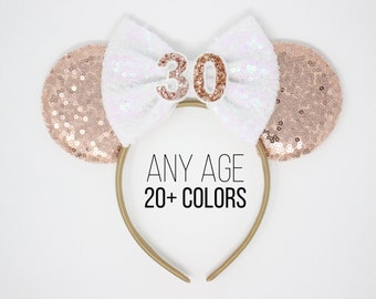 30th Rose Gold Mouse ears One Size | 30th Birthday Mouse Ears | Mouse headband | Party ears | Rose Gold Mouse ears | Choose Ear + Bow Color