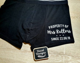 Personalised Boxer Shorts, Wedding Day Gift, Property of the Bride underwear gift for the Groom