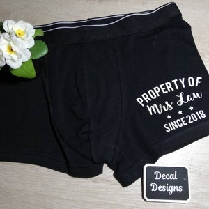 Personslised Name and Date Wedding Day Boxer Shorts, Property of the Bride underwear gift for the Groom