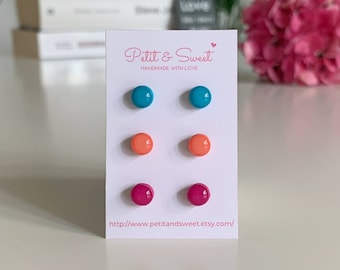 Stud set oorbellen, Mix en Match studs, Tiny ronde stud oorbellen, Multicolor oorbellen set van 3, Coral studs, Turquoise studs, Magenta studs