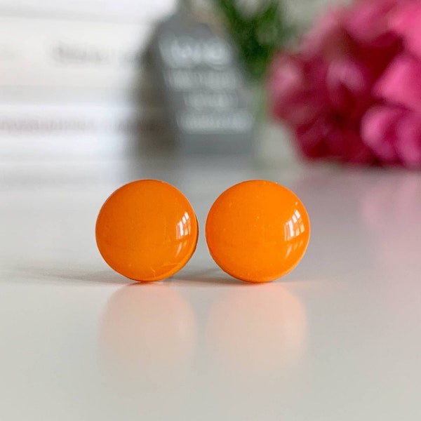 Orange stud earrings for every day, Titanium earrings orange, Orange earrings minimalist, Everyday earrings for her, Resin orange studs