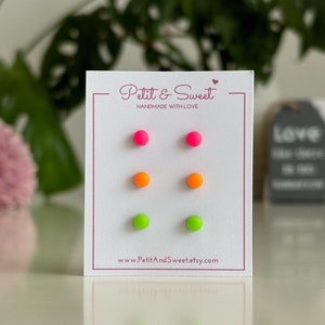 Tiny 4 mm neon studs set of 3, Summer earrings set, Titanium post earrings, Neon green studs, neon orange studs, neon pink studs, Party stud