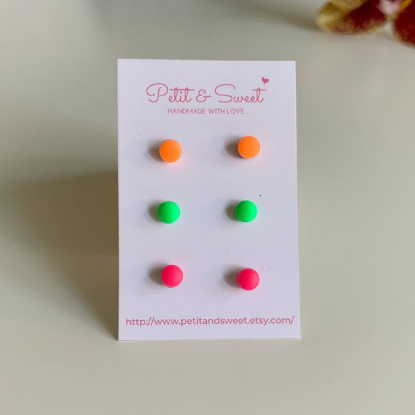 Tiny 4 mm neon studs set of 3, Summer earrings set, Titanium post earrings, Neon green studs, neon orange studs, neon pink studs, Party stud