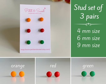 Tiny studs set of 3, Titanium post, 4 mm, 6 mm, 9 mm orange studs, Red post earrings, Green studs titanium, Gift set for her, Cute jewelry