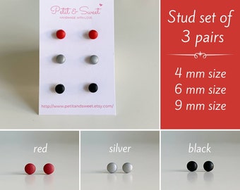 Red, black, silver stud earrings set of 3, Titanium post, Unisex earrings set, Red and black studs, Silver earrings for her, Mens studs set