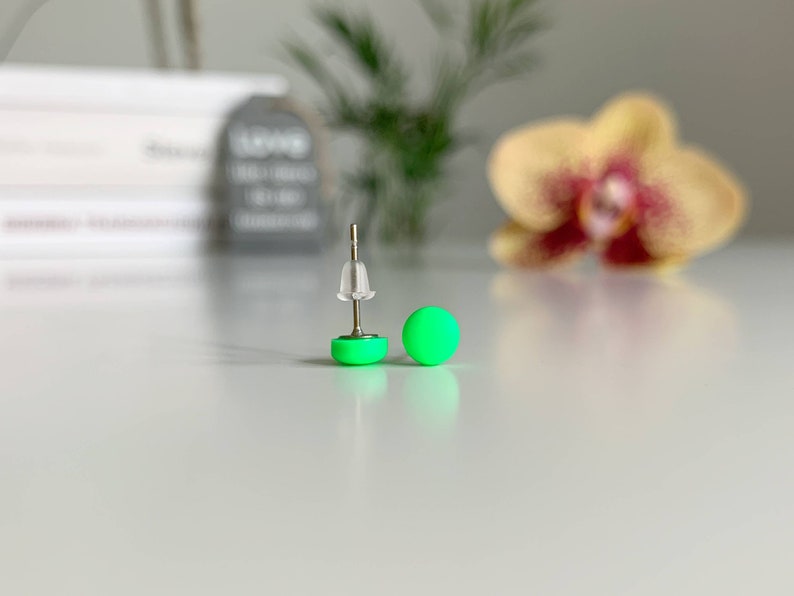 Neon green post earrings, Titanium earrings, Party earrings, Neon green earrings, LGBT earrings, Rave earrings neon green, Neon jewelry image 5