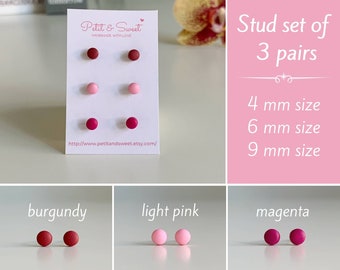 Pink stud earrings set of 3, Titanium earrings set, Light pink studs, Magenta earrings, Tiny burgundy studs, Studs for wife, Stockings woman