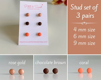 Fall earrings set of 3, Fall 2020 fashion, 4 mm rose gold studs, 6 mm dainty studs, 9 mm coral studs, Chocolate brown jewelry, Autumn studs
