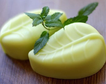 May include: Two green leaf-shaped bars of soap with a sprig of fresh mint leaves on top.