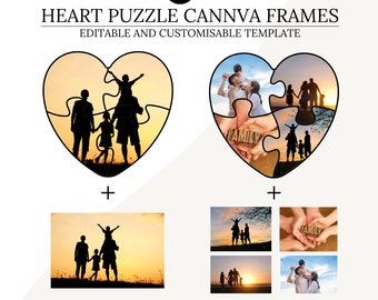 Modello cornice in tela, modello tela per puzzle a cuore, puzzle di riempimento fotografico modificabile, crea la tua cornice per foto in tela con puzzle trascina e rilascia