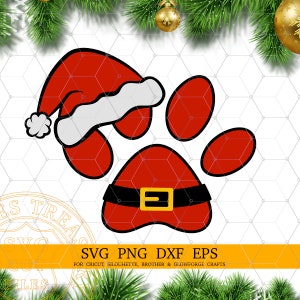 Impressão de pata de chapéu de Papai Noel de Natal Svg, Pata de cachorro Svg, Terno de Papai Noel Paw Svg, Pata de Natal Svg, Download digital Svg, Modelo de pata Dxf