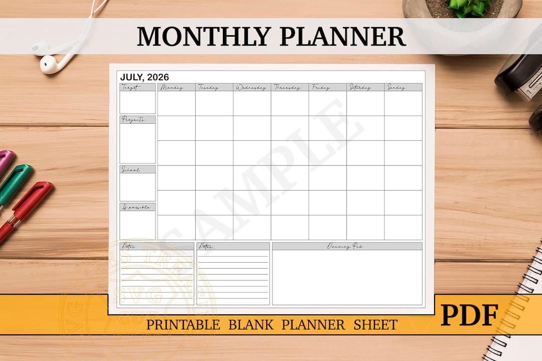 Blank A3 Size Monthly Planner Sheet Printable PDF File No Pre-filled ...
