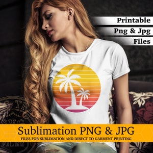 Tramonto retrò con silhouette di palma Camicia estiva Disegni di sublimazione Formati di file Png e Jpg stampabili per progetti di stampa di t-shirt fai-da-te