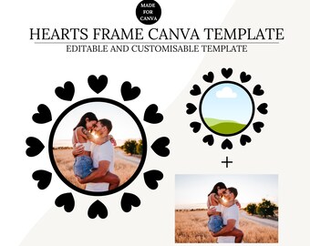 Hearts Monogram Frame Canva Template, Editable Drag and Drop Pattern or Image Fill Decorative Frames, Digital Download