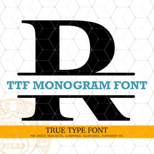 Op de afbeelding: Zwart-witte monograafse lettertype met de letter R in een gesplitste stijl. Het lettertype heet "TTF Monogram Font" en is een TrueType-lettertype voor Cricut, Silhouette, Glowforge, Illustrator, Photoshop en andere programma's.