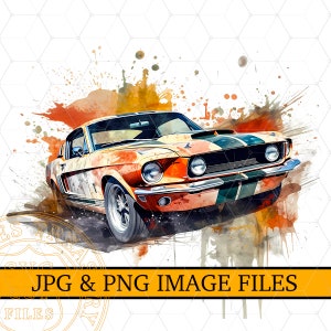 Aquarel Mustang Png Design File, Klassieke Mustang Sublimatie Retro Illustratie, Afdrukbare Road Trip Shirt Design, Mustang clipart