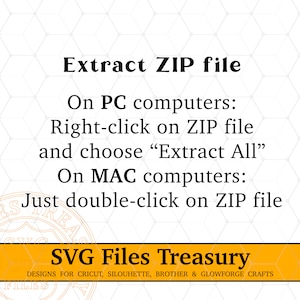 May include: A yellow and black graphic with instructions on how to extract a ZIP file on a PC or Mac computer. The text reads "Extract ZIP file", "On PC computers: Right-click on ZIP file and choose "Extract All"", "On MAC computers: Just double-click on ZIP file". The graphic also includes the text "SVG Files Treasury" and "DESIGNS FOR CRICUT, SILOUHETTE, BROTHER & GLOWFORGE CRAFTS".