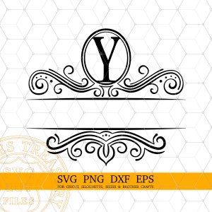 May include: Black and white monogram design featuring the letter Y in a circle with decorative flourishes above and below. SVG PNG DXF EPS for Cricut, Silhouette, Sizzix & Brother Crafts.