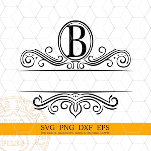 Split-Buchstabe-B-Monogramm-Svg, ausgefallener Flourish-Buchstabe-Svg, Split-Nachname-Rahmen, Laser-Gravur geschnitten Dxf-Dateien, druckbare Monogramm-Png-Bild