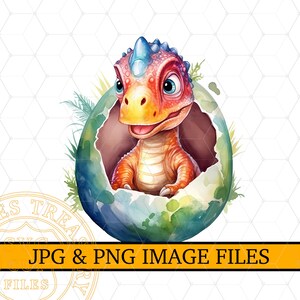 Könnte beinhalten: Aquarell-Illustration eines Babydinosauriers, der aus einem Ei schlüpft. Der Dinosaurier ist orange und rot mit einem blauen Kamm. Das Ei ist blau und grün, mit dem Text "JPG & PNG IMAGE FILES" in einem gelben Banner.