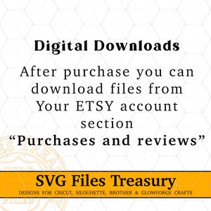 May include: Text on a white background with a yellow banner at the bottom. The text reads "Digital Downloads After purchase you can download files from Your ETSY account section "Purchases and reviews" SVG Files Treasury DESIGNS FOR CRICUT, SILOUHETTE, BROTHER & GLOWFORGE CRAFTS FILES"