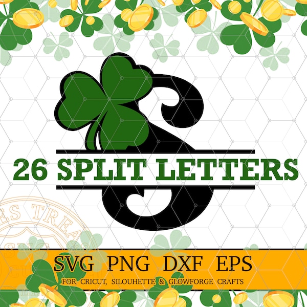 St Patricks Day Monogram Font Svg Split Shamrock Monogram Svg, Printable Png letters Dxf Cut Files, Split Name Font Svg files Cricut Design