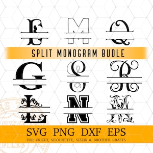 Monogramme Svg, fichiers Svg de polices pour la police Cricut, lot de polices Silhouette, Png, Split monogramme lettres de l'alphabet svg, dxf, png, gravure