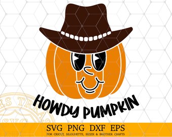 Bonjour citrouille Halloween PNG Design par sublimation pour impression de chemise, citrouille en chapeau de cowboy Svg, citrouille dessin animé Clipart PNG
