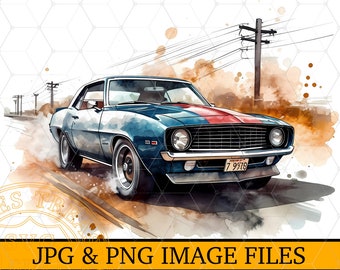 Watercolor Camaro SS Sublimation Png Classic Retro Camaro Illustration, Printable Design File, Road Trip Shirt Design, Camaro clipart