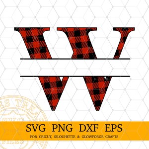 May include: A monogram design featuring the letter "V" repeated four times. The letters are in a red and black buffalo plaid pattern. The top two letters are stacked on top of each other, and the bottom two letters are in a banner shape.