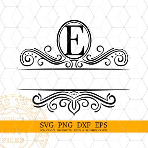 May include: Black and white monogram design featuring the letter "E" inside a circle, with decorative flourishes above and below a horizontal line. The text "SVG PNG DXF EPS" is included.