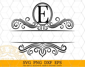 Split Letter E Monogram Svg, Fancy Flourish Letter Svg, Split Achternaam Frame, Lasergravure Gesneden Dxf-bestanden, Afdrukbaar Monogram Png-afbeelding