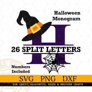 May include: A purple letter H with a black witch's hat and a black spider web. The text "Halloween Monogram" and "26 Split Letters" is also included in the image.