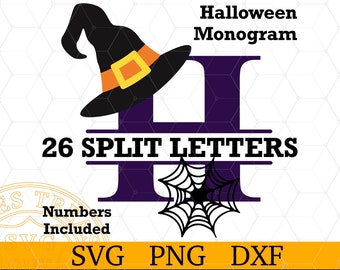 Halloween font svg, Split monogram alphabet letters, witch hat spider web monogram letters, Silhouette Cricut font, halloween letters svg