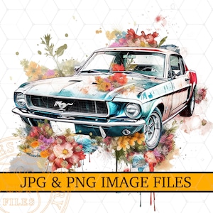 Vintage Ford Mustang Png Sublimation Image Jpg Files Floral Watercolour Classic Mustang Illustration Printable Shirt Design, Clipart