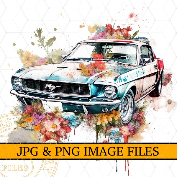Vintage Ford Mustang Png Sublimation Image Jpg Files Floral Watercolour Classic Mustang Illustration Printable Shirt Design, Clipart