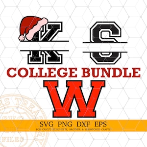 May include: A digital graphic design featuring the letters Z, C, and W in a collegiate style, with a Santa hat on the Z. The text "COLLEGE BUNDLE" is in red, and the image includes file type information: SVG, PNG, DXF, EPS.