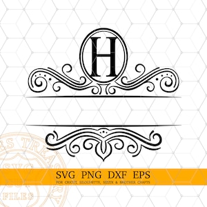 Split Letter H Monogram Svg, Fancy Flourish Letter Svg, Split Achternaam Frame, Lasergravure Gesneden Dxf-bestanden, Afdrukbaar Monogram Png-afbeelding