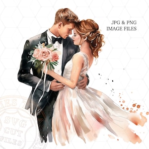 Boda invitación acuarela Clipart, novia y novio ilustración archivos Png, imprimible tarjeta de boda clip art - v002