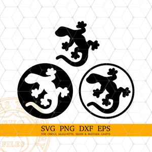 May include: Black lizard silhouette designs. The image features three lizard designs, one standalone and two within circles. The text "SVG PNG DXF EPS" is included, along with the phrase "FOR CRICUT, SILOUHETTE, SIZZIX & BROTHER CRAFTS".