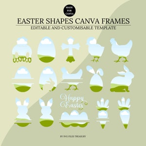 May include: A set of 12 Easter-themed Canva frames featuring various shapes, including eggs, bunnies, chicks, and crosses. The frames are editable and customisable, making them perfect for creating personalised Easter greetings or decorations.