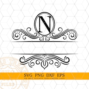 May include: Black and white monogram design featuring the letter "N" inside a circle, with decorative flourishes above and below. The design includes text that reads "SVG PNG DXF EPS" and "FOR CRICUT, SILHOUETTE, SIZZIX & BROTHER CRAFTS".