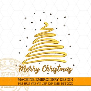 May include: A gold outline of a Christmas tree with black snowflakes falling around it. The text "Merry Christmas" is below the tree. The text "MACHINE EMBROIDERY DESIGN PES HUS VP3 VIP JEF EXP EMD DST XXX" is below the text "Merry Christmas".