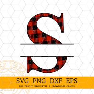 Monograma de letra S a cuadros de búfalo dividido SVG, monograma navideño SVG, marco de apellido SVG, archivos de letras para sublimación de Cricut, letras PNG