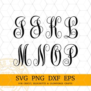 May include: A set of black script font letters, including the letters S, J, K, L, M, N, O, and P. The letters are in a decorative, cursive style.