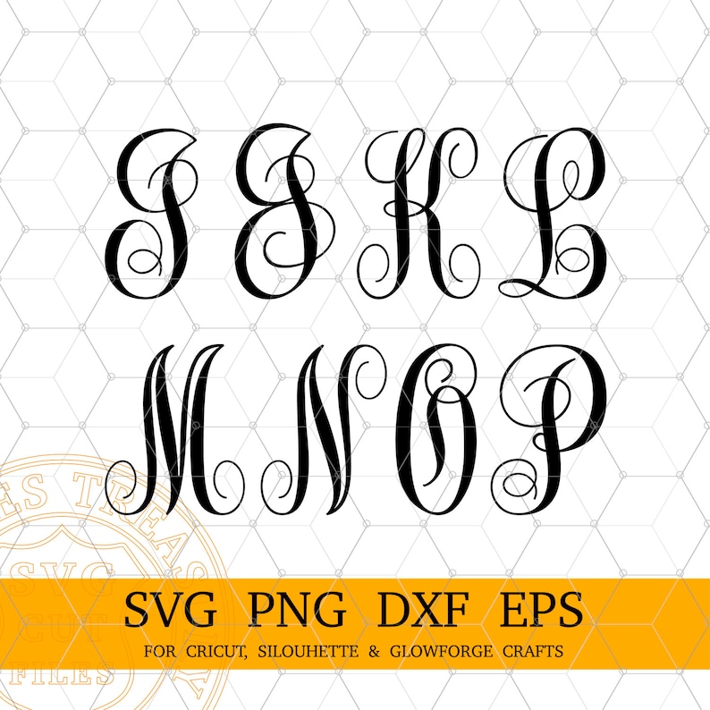 May include: A set of black script font letters, including the letters S, J, K, L, M, N, O, and P. The letters are in a decorative, cursive style.