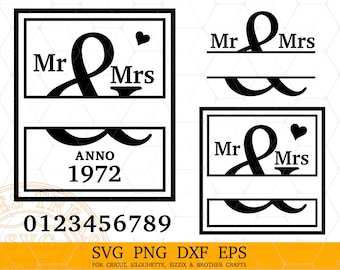 May include: Black and white SVG cut files featuring "Mr & Mrs" designs with a heart, the year "1972", and a selection of numbers. Includes file formats: SVG, PNG, DXF, and EPS. Ideal for Cricut, Silhouette, Sizzix, and Brother crafts.