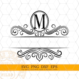 Gesplitste letter M monogram Svg, Fancy Flourish Letter Svg, gesplitste achternaamlijst, lasergravure gesneden dxf-bestanden, afdrukbaar monogram png-afbeelding